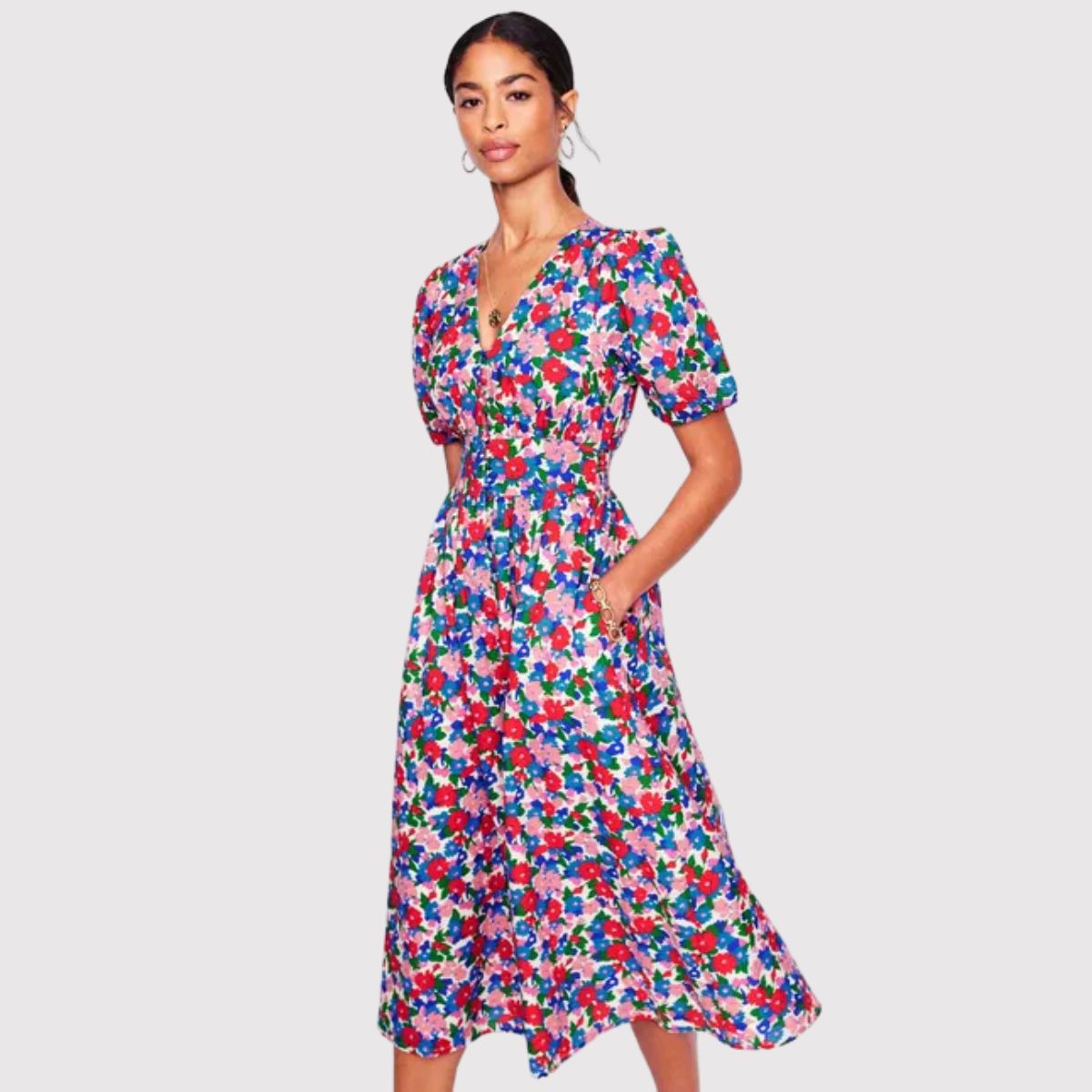 New Boden Midi Dress Pink Lillian Cotton Floral V Neck Puff Sleeve Boho Us 10